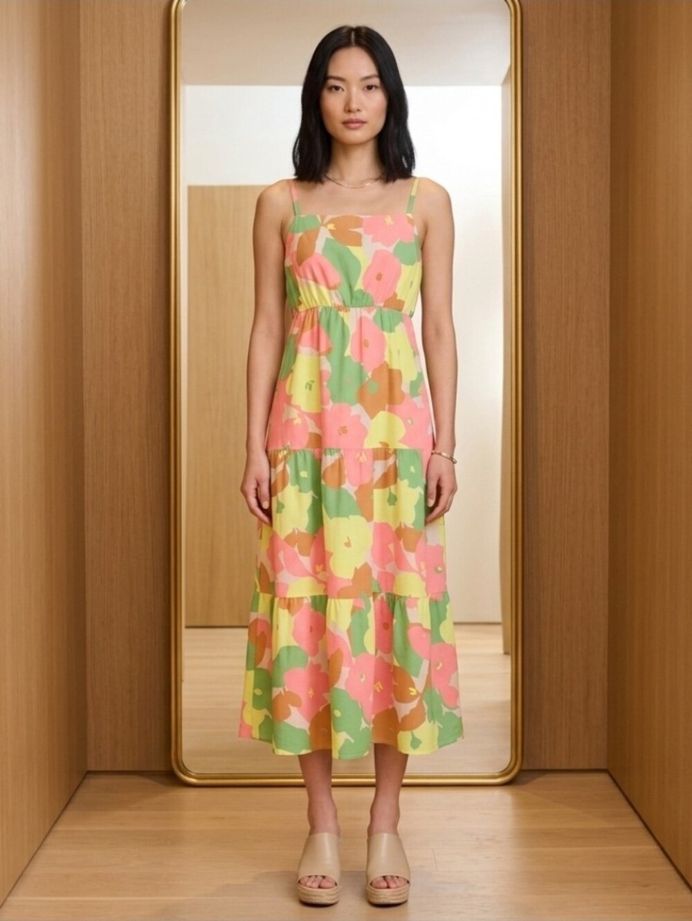 NWT Sanctuary Floral Tiered Spaghetti-Strap Dress in Yellow Pink Green